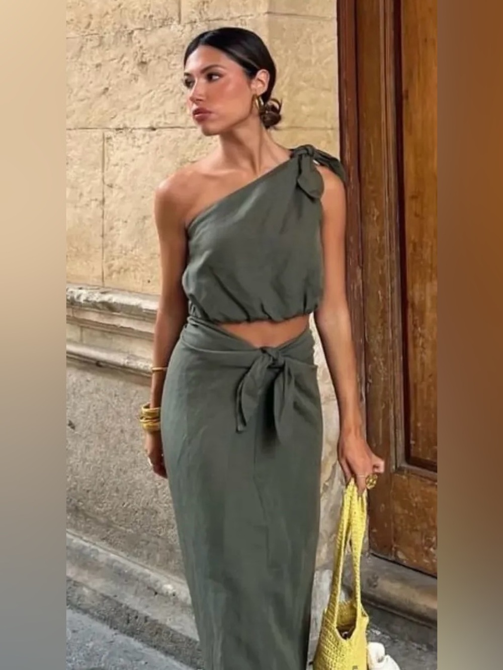 Zara Olive Green One-Shoulder Top and Skirt